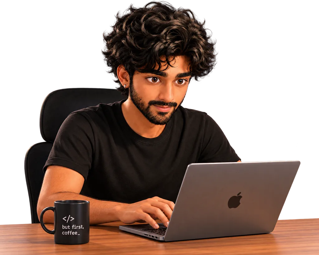 Illustration of Aaryan coding at a laptop